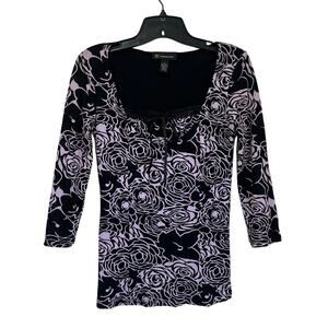 INC International Concepts Y2K Purple Mesh Rose Goth Print Long Sleeve Top Sz S